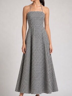 🆕 🏁Gianni Bini Gingham Maxi Dress Black White Tie Waist Casual Size 6 Sundress